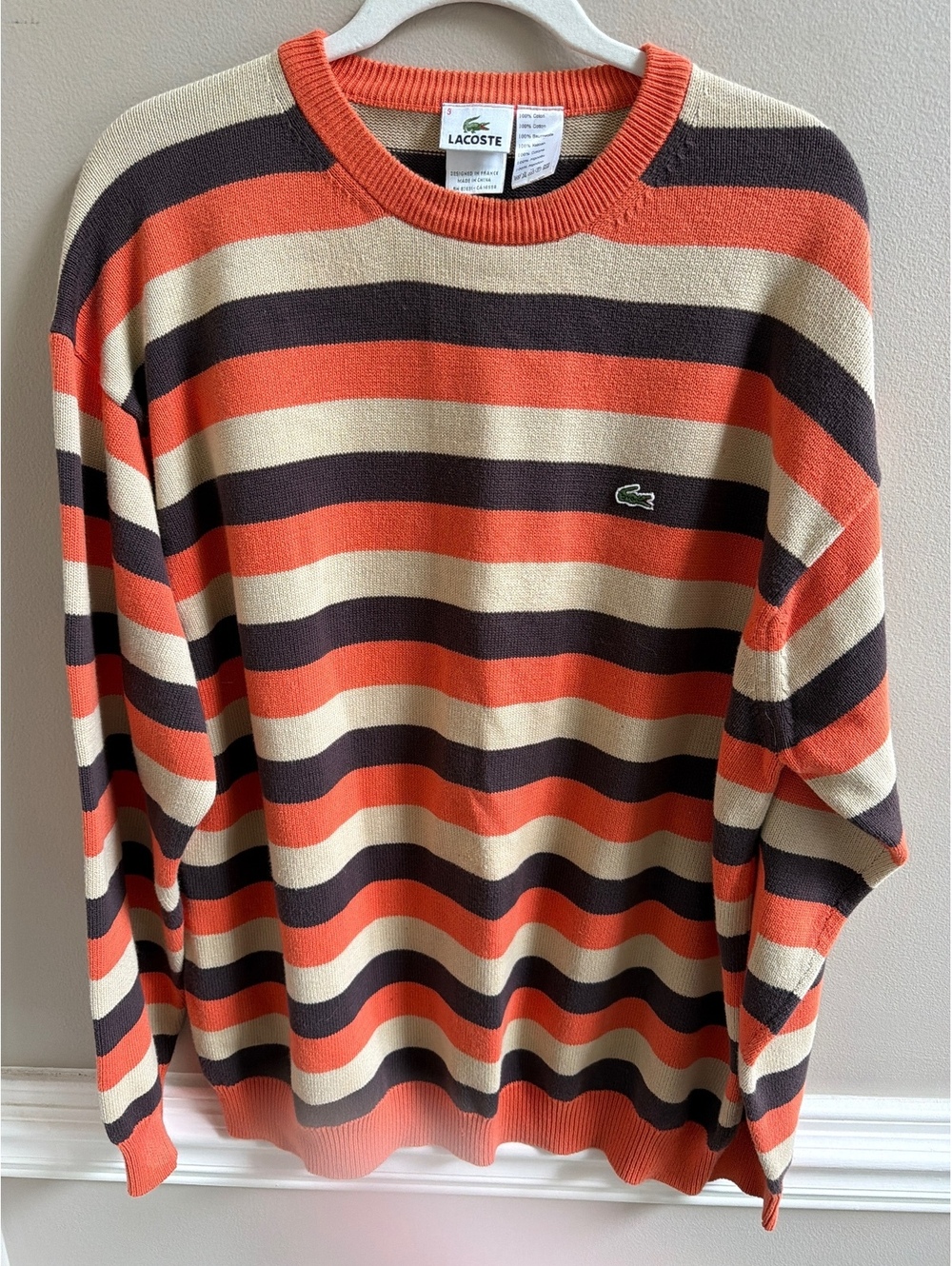 Lacoste Striped Knit Crewneck Sweater Elbow Patches Size 9 Men’s 3XL Orange